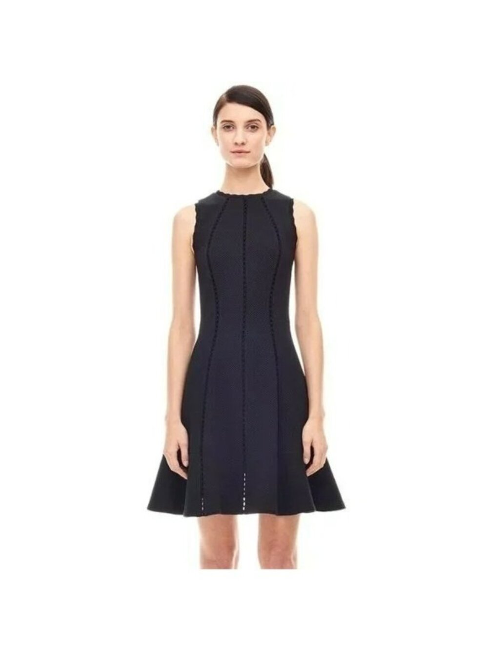 Rebecca Taylor Womens Black Textured Scallop Trim Sleeveless Fit Flare Dress 6